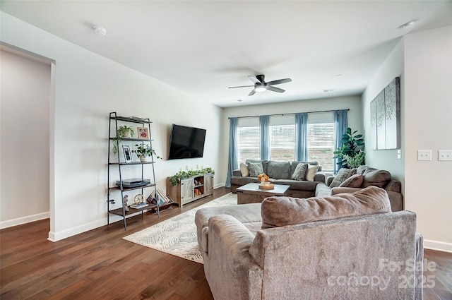 4337 Duplin Dr, Charlotte, NC 28214 - living room featuring baseboards, ceiling fan, and dark wood finished floors