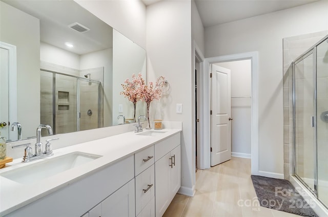 4337 Duplin Dr, Charlotte, NC 28214 - bathroom with a shower stall, double vanity, visible vents, and a sink