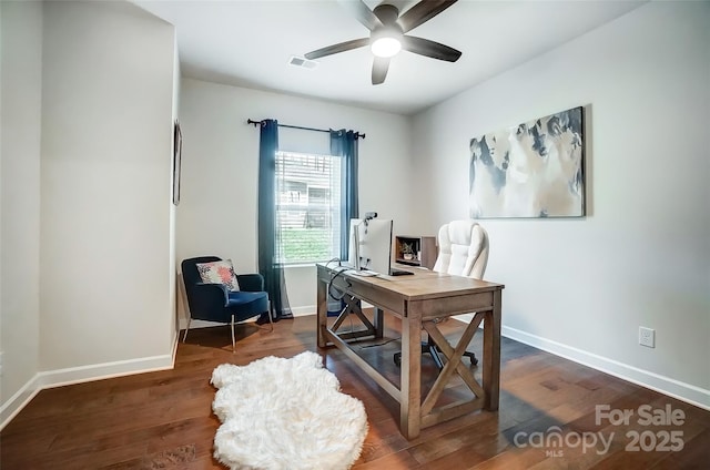 4337 Duplin Dr, Charlotte, NC 28214 - office area featuring a ceiling fan, visible vents, baseboards, and wood finished floors