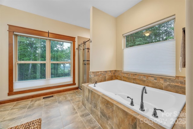 298 Poplar Grove Ct, Taylorsville, NC 28681 - full bath featuring visible vents, an enclosed shower, a garden tub, and a healthy amount of sunlight