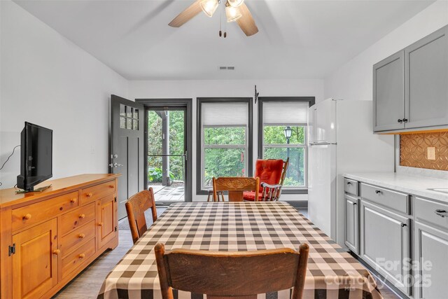 298 Poplar Grove Ct, Taylorsville, NC 28681 - dining area with a healthy amount of sunlight, light wood-style floors, a ceiling fan, and visible vents