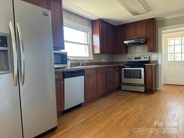 kitchen with decorative backsplash, appliances with stainless steel finishes, under cabinet range hood, a sink, and light wood-style floors