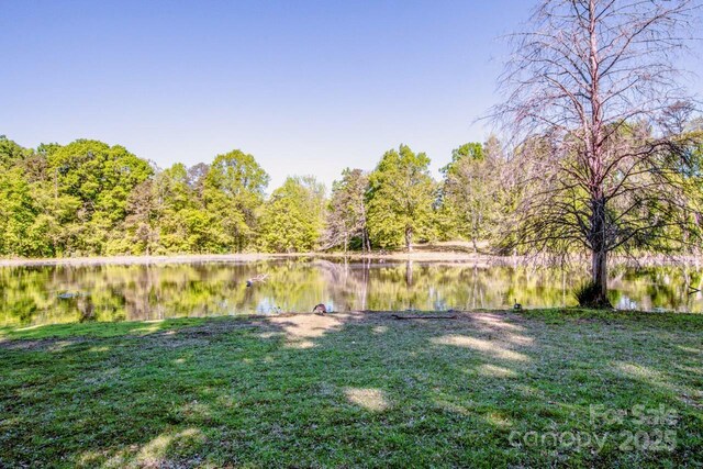 view of yard with a view of trees and a water view