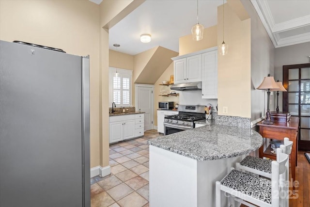 213 S Academy St, Mooresville, NC 28115 - kitchen with white cabinets, a peninsula, appliances with stainless steel finishes, under cabinet range hood, and a sink