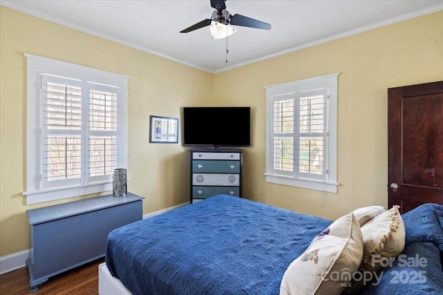 213 S Academy St, Mooresville, NC 28115 - bedroom with a ceiling fan, dark wood-style flooring, ornamental molding, and baseboards