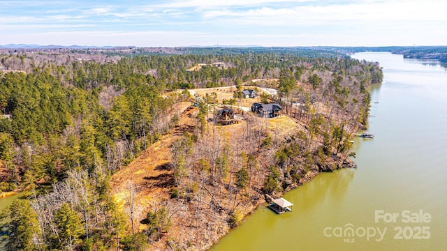 drone / aerial view featuring a water view and a wooded view