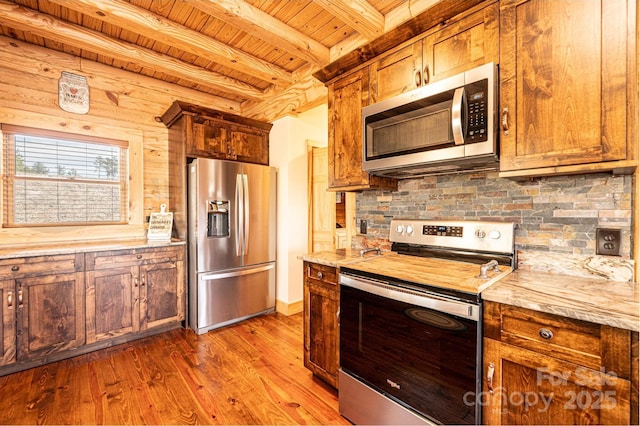 kitchen with stainless steel appliances, decorative backsplash, wood ceiling, and wood finished floors