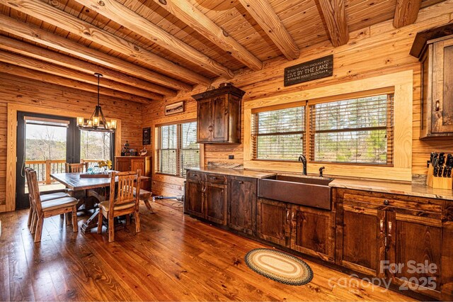 kitchen featuring beamed ceiling, wooden ceiling, a sink, and dark wood-type flooring
