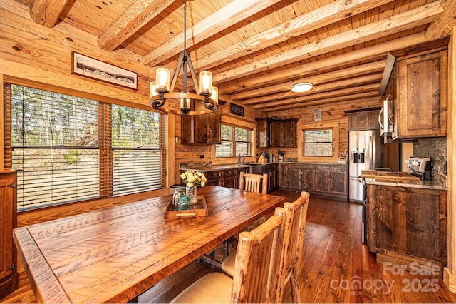 dining room with an inviting chandelier, wood ceiling, beamed ceiling, and dark wood-style floors