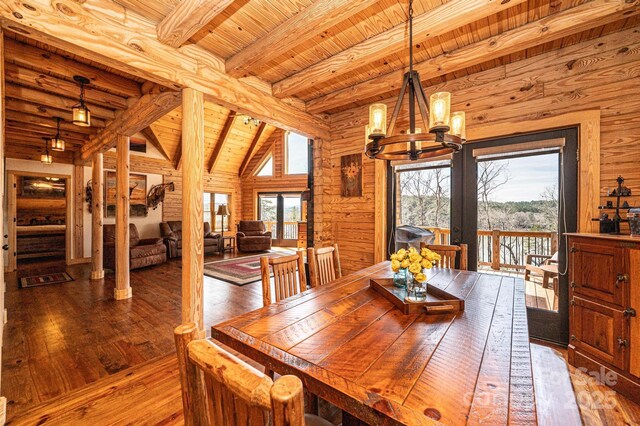 dining space with lofted ceiling with beams, wood-type flooring, a chandelier, french doors, and wooden ceiling