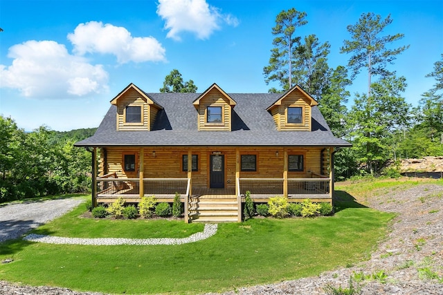 1519 Reflections Edge Dr, Granite Falls, NC 28630 - cabin with covered porch, a front lawn, and roof with shingles