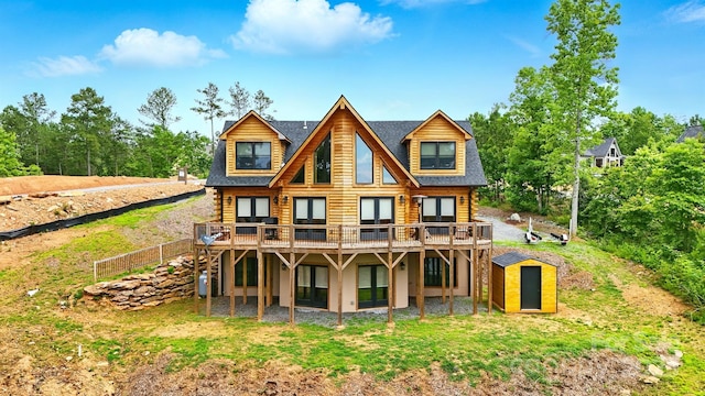 1519 Reflections Edge Dr, Granite Falls, NC 28630 - rear view of house with a storage shed, log siding, a wooden deck, and stucco siding
