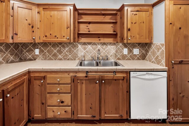 403 Hillcrest Dr, Huntersville, NC 28078 - kitchen featuring light countertops, a sink, open shelves, white dishwasher, and backsplash