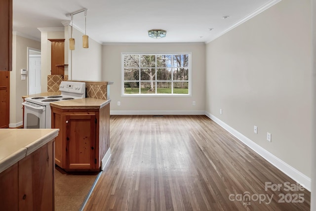 403 Hillcrest Dr, Huntersville, NC 28078 - kitchen with white range with electric cooktop, ornamental molding, baseboards, and wood finished floors