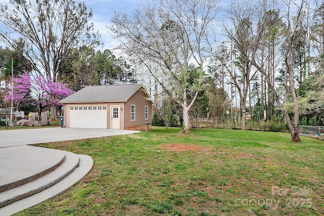 403 Hillcrest Dr, Huntersville, NC 28078 - view of yard featuring an outbuilding, a garage, fence, and concrete driveway