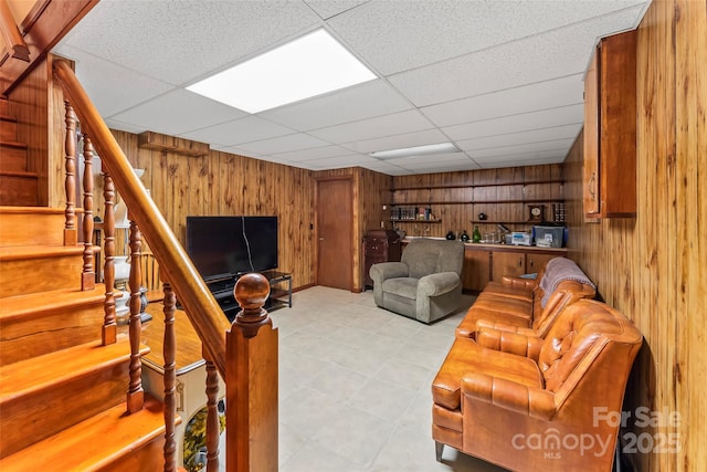 3829 Norman Rd, Morganton, NC 28655 - living room with a drop ceiling, wooden walls, and stairway