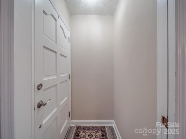 entryway featuring baseboards, wood finished floors, and a textured ceiling