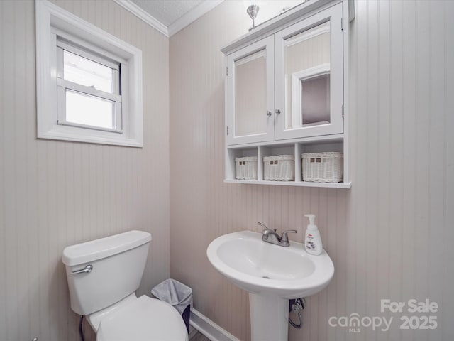 half bathroom featuring toilet, a sink, and crown molding