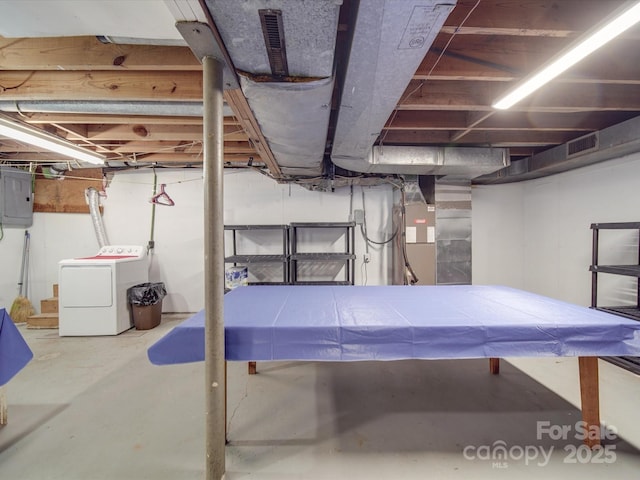 unfinished basement with visible vents, washer / dryer, and electric panel
