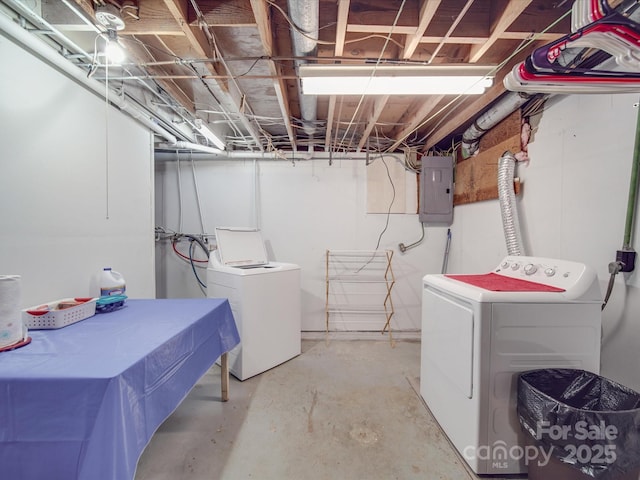 unfinished basement featuring washing machine and dryer and electric panel