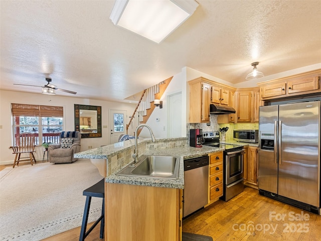 3975 Mountain Creek Rd, Robbinsville, NC 28771 - kitchen with a kitchen breakfast bar, stainless steel appliances, under cabinet range hood, a sink, and a peninsula