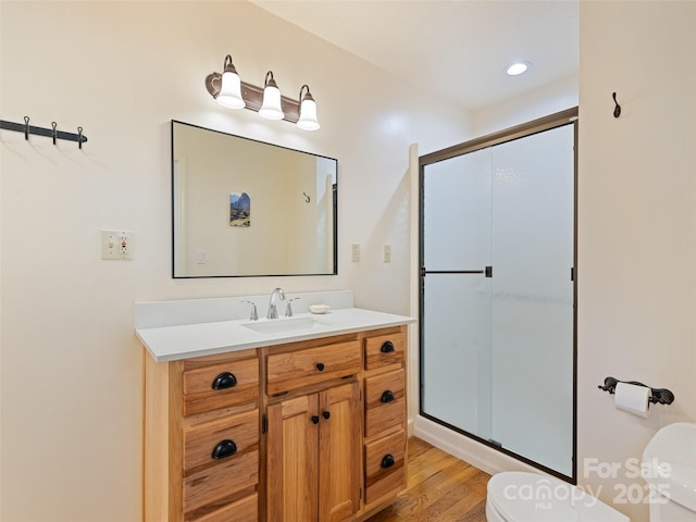 3975 Mountain Creek Rd, Robbinsville, NC 28771 - bathroom featuring vanity, toilet, a shower stall, and wood finished floors