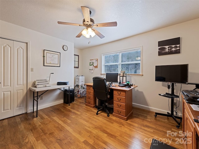 3975 Mountain Creek Rd, Robbinsville, NC 28771 - office featuring baseboards, a textured ceiling, light wood-style floors, and a ceiling fan