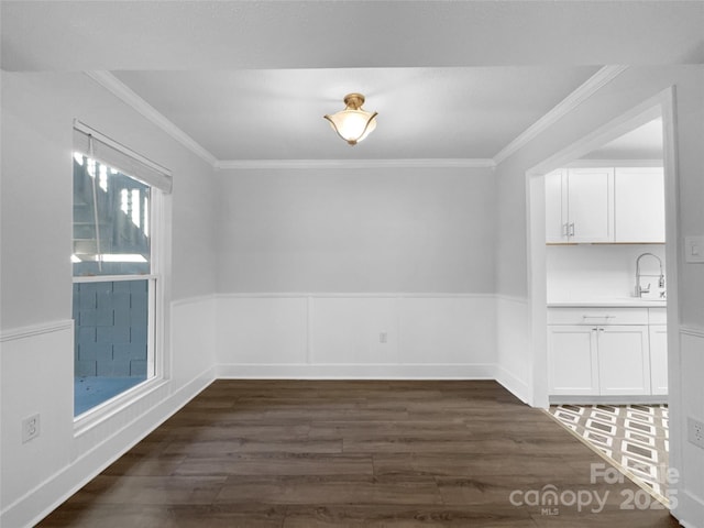 4936 Sardis Rd Unit B, Charlotte, NC 28270 - unfurnished dining area featuring dark wood-type flooring, ornamental molding, a sink, and wainscoting