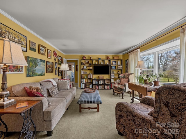 carpeted living room featuring crown molding