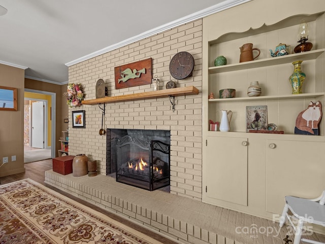 living room featuring crown molding, built in shelves, a fireplace, and wood finished floors