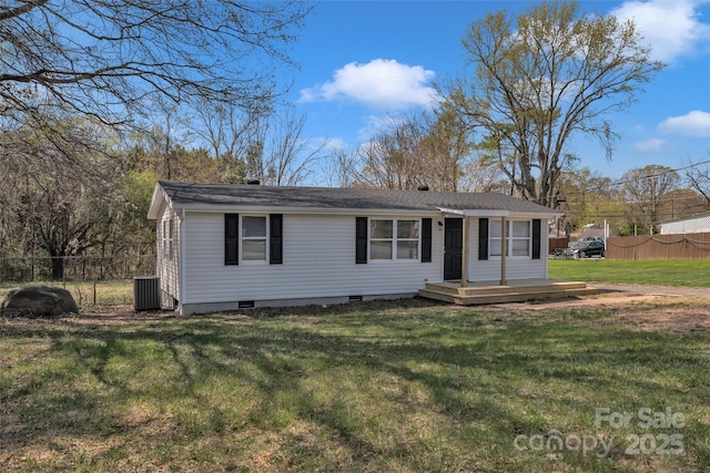 view of front of home with fence, a wooden deck, a front yard, cooling unit, and crawl space