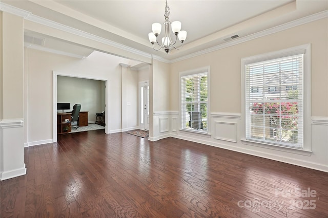 9937 Travertine Trl, Davidson, NC 28036 - unfurnished dining area with a chandelier, dark wood finished floors, a desk, a tray ceiling, and wainscoting