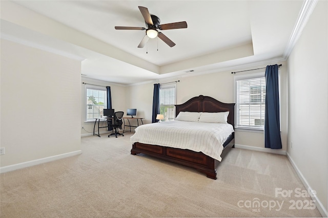 9937 Travertine Trl, Davidson, NC 28036 - bedroom with carpet flooring, baseboards, a desk, a tray ceiling, and a ceiling fan