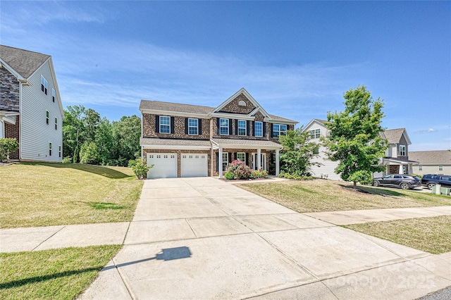 9937 Travertine Trl, Davidson, NC 28036 - view of front facade with driveway, a front lawn, an attached garage, covered porch, and brick siding