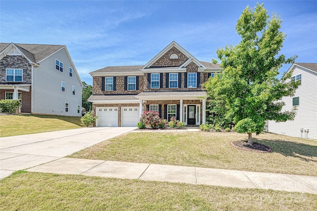 9937 Travertine Trl, Davidson, NC 28036 - view of front of house with a garage, driveway, brick siding, a front lawn, and covered porch