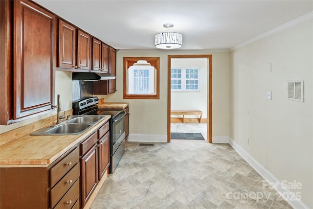 813 N Ave, Charlotte, NC 28208 - kitchen with stainless steel range with electric stovetop, under cabinet range hood, light countertops, ornamental molding, and stone finish floors