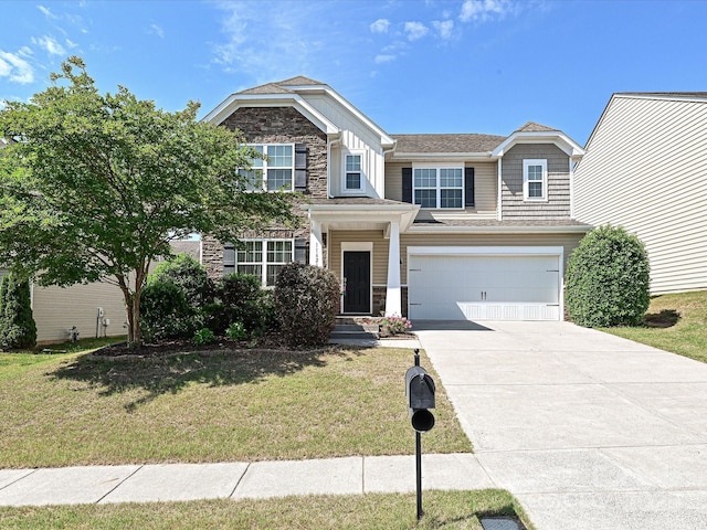 11621 Red Knoll Ln, Pineville, NC 28134 - craftsman-style house featuring stone siding, concrete driveway, a front lawn, and a garage