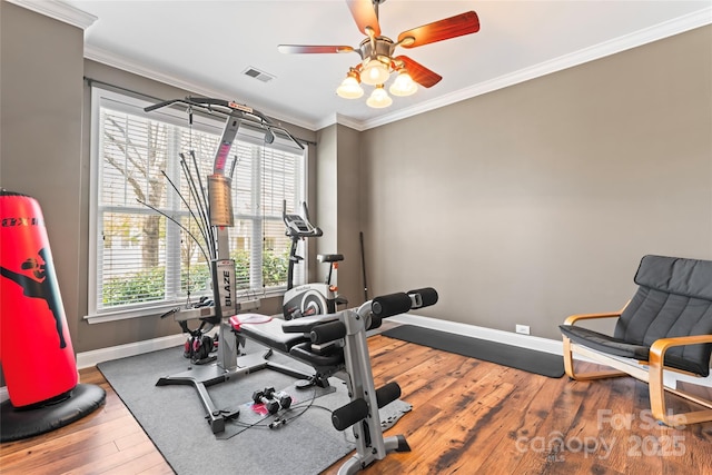 9113 Cinder Ln, Huntersville, NC 28078 - workout room featuring baseboards, a ceiling fan, wood finished floors, and crown molding