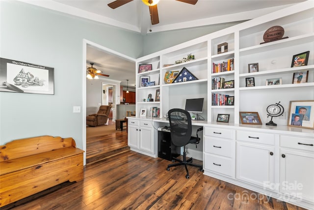 9113 Cinder Ln, Huntersville, NC 28078 - office with built in study area, a ceiling fan, and dark wood finished floors