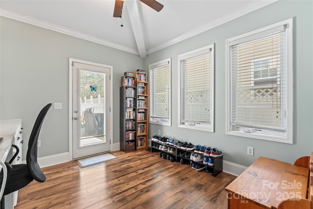 9113 Cinder Ln, Huntersville, NC 28078 - office area featuring baseboards, crown molding, a ceiling fan, and wood-type flooring