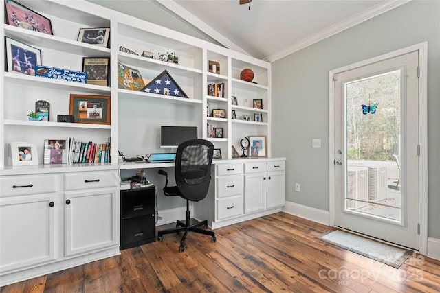 9113 Cinder Ln, Huntersville, NC 28078 - office with ornamental molding, dark wood-style floors, baseboards, and vaulted ceiling