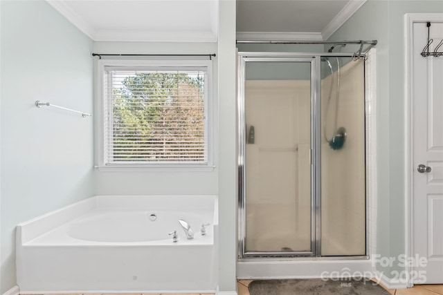 9113 Cinder Ln, Huntersville, NC 28078 - bathroom with crown molding, a stall shower, and a bath