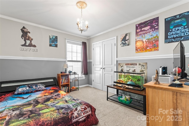 9113 Cinder Ln, Huntersville, NC 28078 - carpeted bedroom with a closet, ornamental molding, and an inviting chandelier