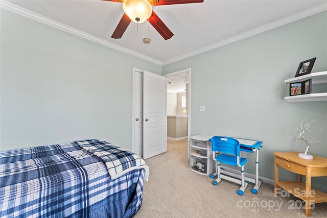 9113 Cinder Ln, Huntersville, NC 28078 - carpeted bedroom with a ceiling fan, crown molding, and baseboards