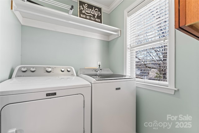 9113 Cinder Ln, Huntersville, NC 28078 - clothes washing area featuring ornamental molding, laundry area, and separate washer and dryer