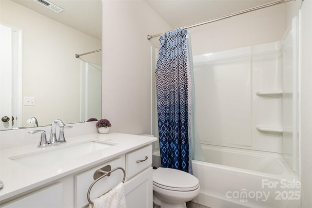bathroom featuring visible vents, shower / bath combination with curtain, toilet, and vanity