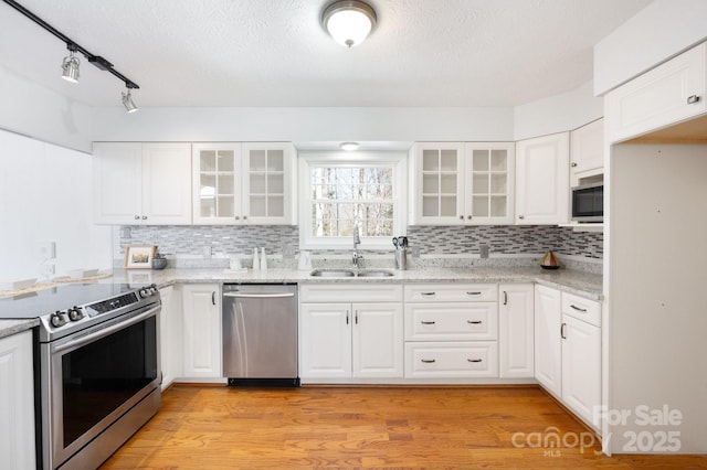 kitchen featuring light wood-style flooring, a sink, stainless steel appliances, and glass insert cabinets