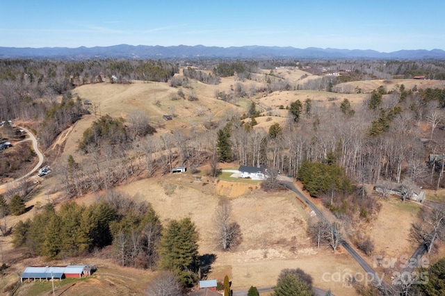 birds eye view of property with a mountain view and a forest view