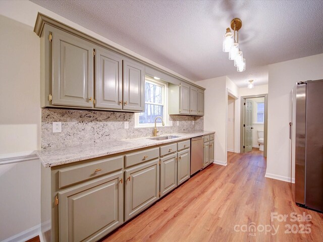1312 Kensington Pl, Monroe, NC 28112 - kitchen with gray cabinetry, decorative backsplash, a sink, and stainless steel appliances