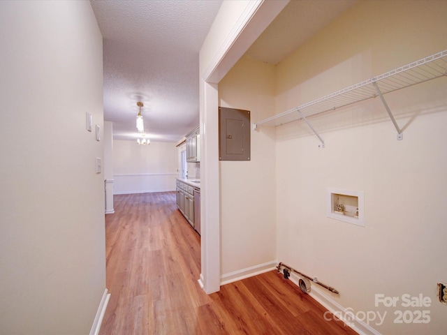 1312 Kensington Pl, Monroe, NC 28112 - clothes washing area featuring washer hookup, a textured ceiling, light wood finished floors, laundry area, and electric panel